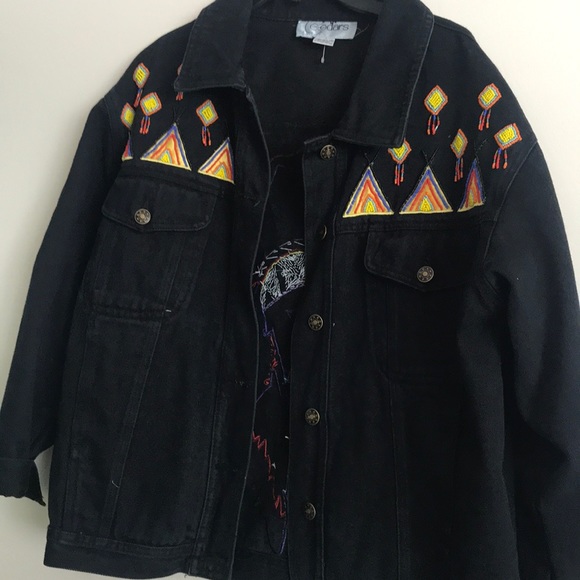 Stunning Southwestern beaded black denim jacket - Picture 1 of 5